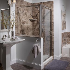 Unique corner shower set up with modern bathroom fixtures