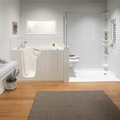 Side-by-side walk-in tub and shower combo in ranch bathroom