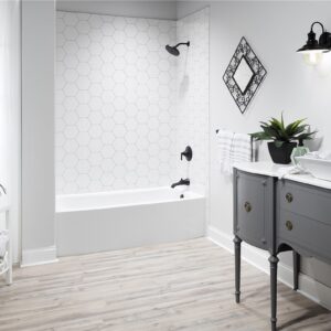 Black and white modern bathroom with hardwood floor and raised fixtures