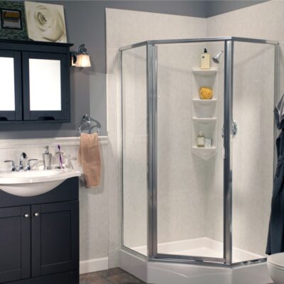 Corner shower with hinged door and multiple shelves