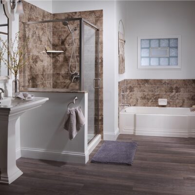 Modern bathroom with corner shower and tub combo