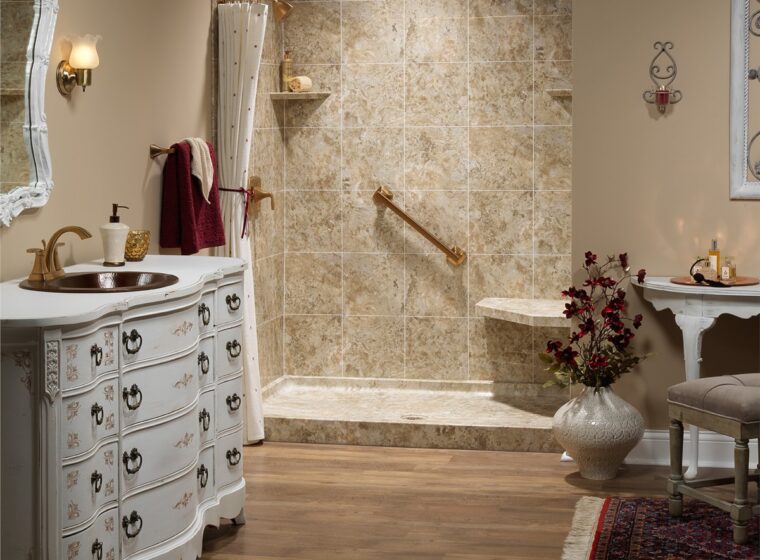 Beige shower with bench and bar