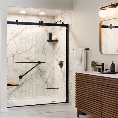 White marble modern shower with sliding doors