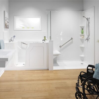 Accessible walk-in bath and shower with wheelchair sitting to the side