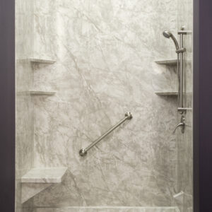 Pompeii marble shower with bench and shelves