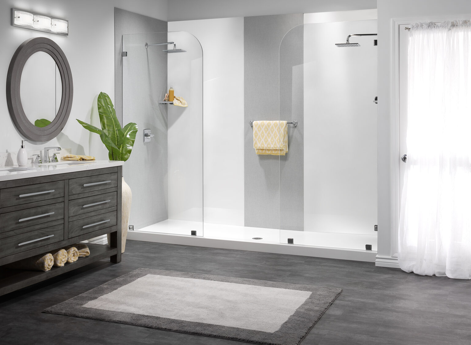 Modern tile shower with double faucets and a middle basketweave panel