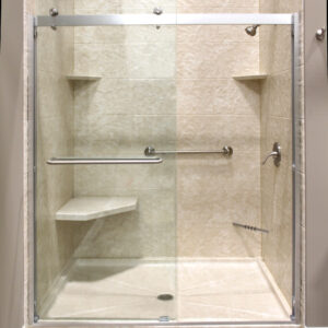 Shower with Cayman double sliding doors, bench and accessibility bar