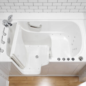 Walk-in tub features include bench for sitting, multiple holding bars and easy-to-use controls
