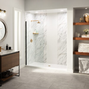 White Galena shower with decorative trim