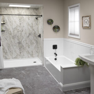 Lightning smooth marble shower with curtain rod and no wall