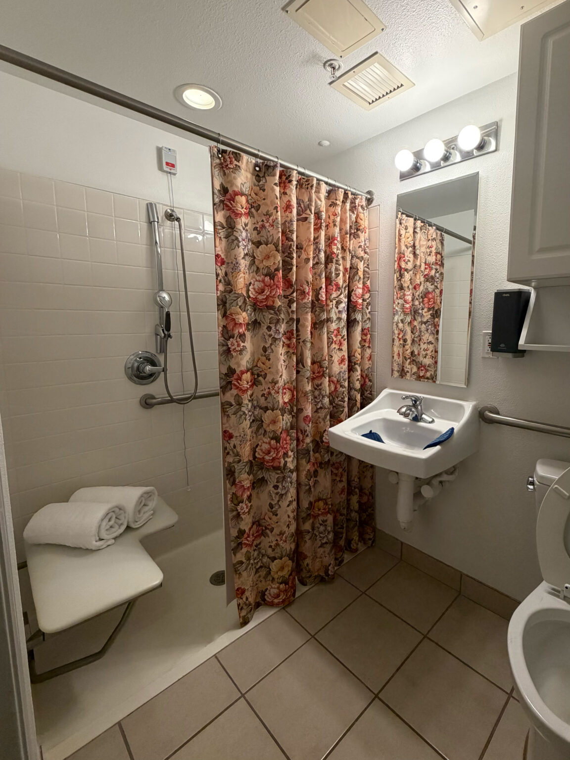 barrier-free bathroom renovations bowling green ky - an accessible bathroom showing a grab bar behind the toilet and a walk-in shower with grab bars and a bench seat