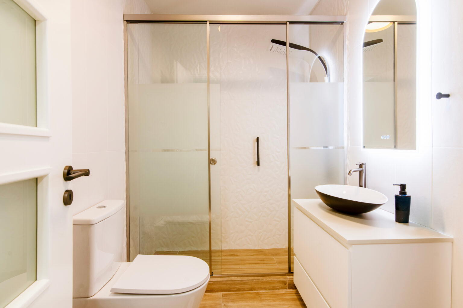 walk-in shower vs. tub-to-shower conversion - small bathroom with shower sink and tub