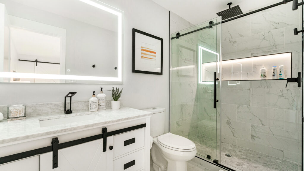 walk-in shower vs. tub-to-shower conversion - walk-in shower in a small bathroom next to the toilet