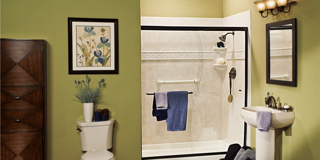 Acrylic vs. Tile Showers An Honest Comparison - acrylic shower in pea green bathroom