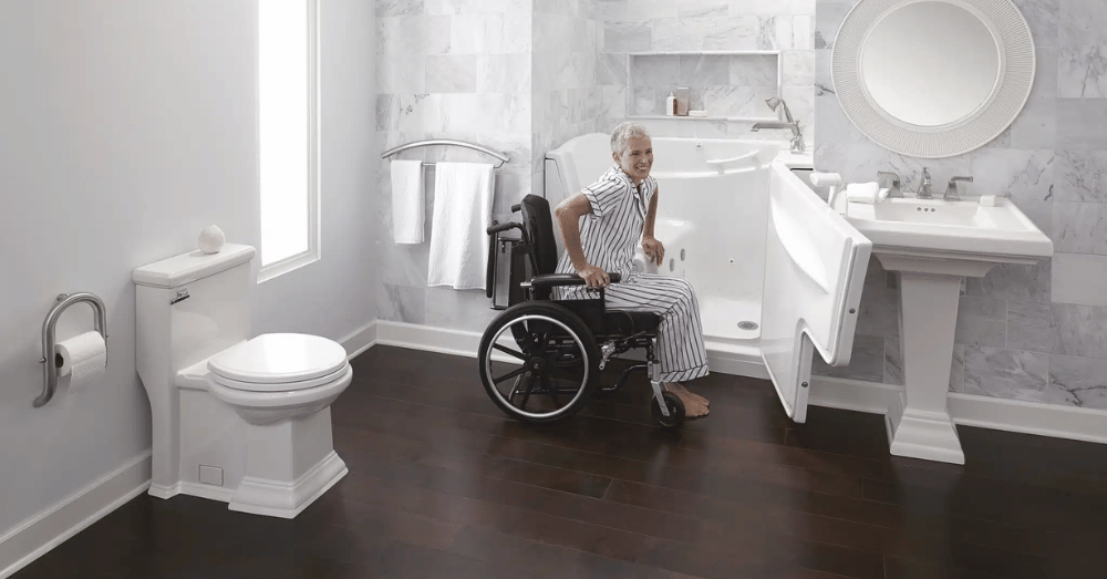wheelchair accessible bathroom Elizabethtown KY - woman in wheelchair entering an open walk-in bathtub