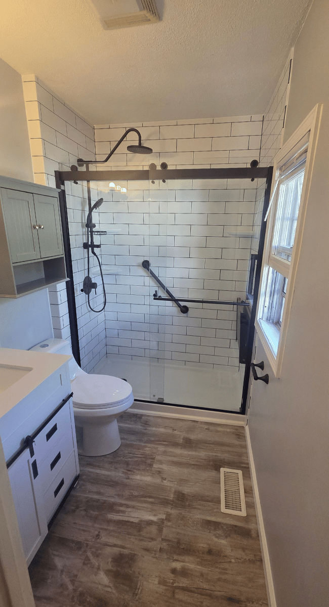 Senior Bathroom Remodel Oakland KY - low-step shower with grab bars