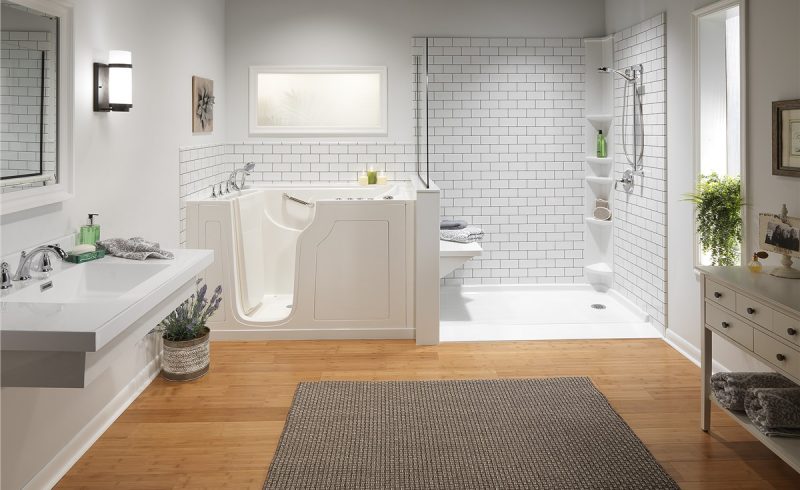 Side-by-side walk-in tub and shower combo in ranch bathroom