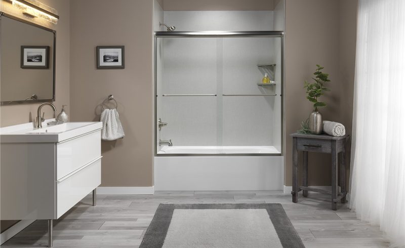 White shower with large tiles