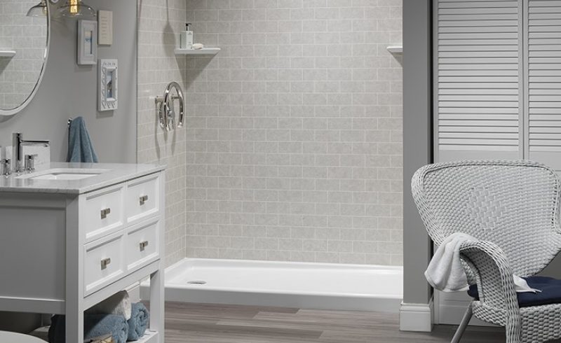 White shower with small white tile pattern